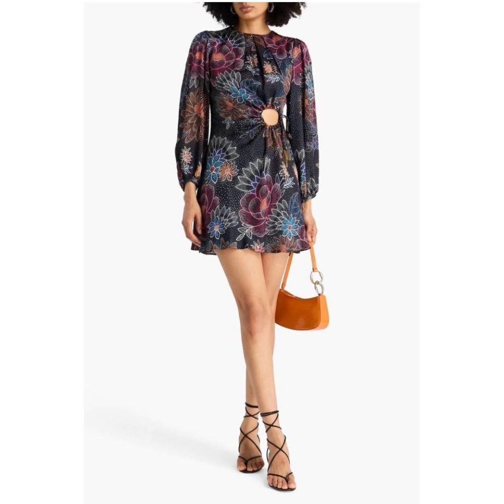 FARM RIO sparkle flowers mini dress cut out detail in black Long Sleeves Sz S